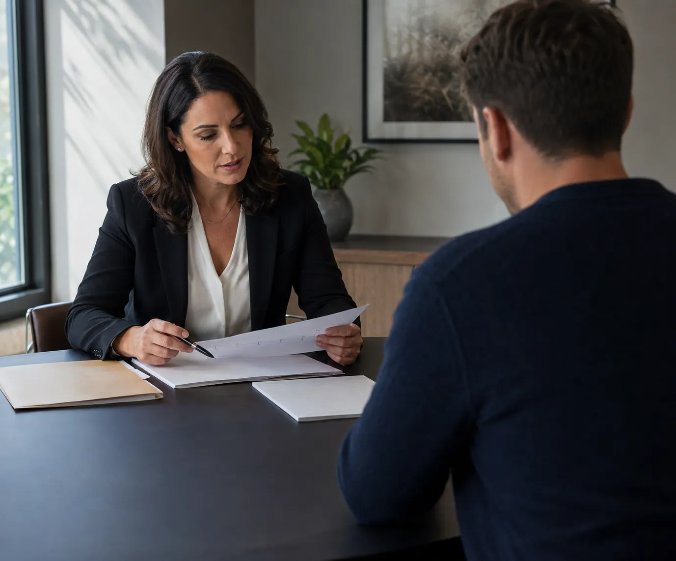 Female criminal-defence lawyer reviewing preparation papers with a client