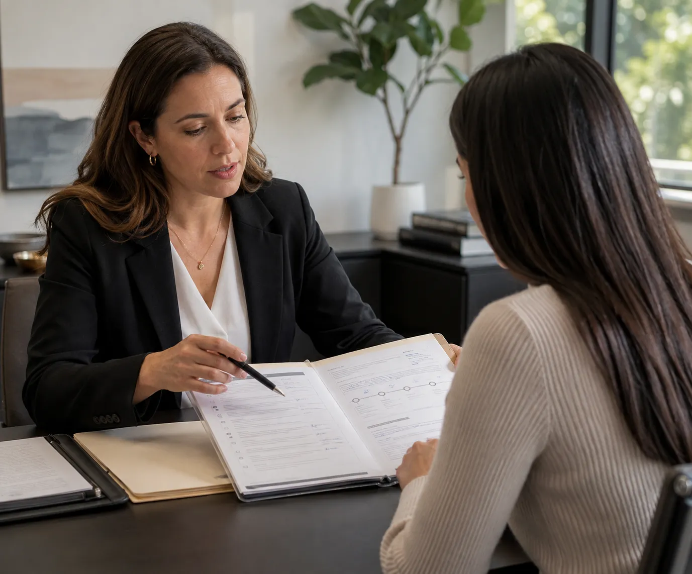 Female lawyer reviewing protective-order preparation papers with a client