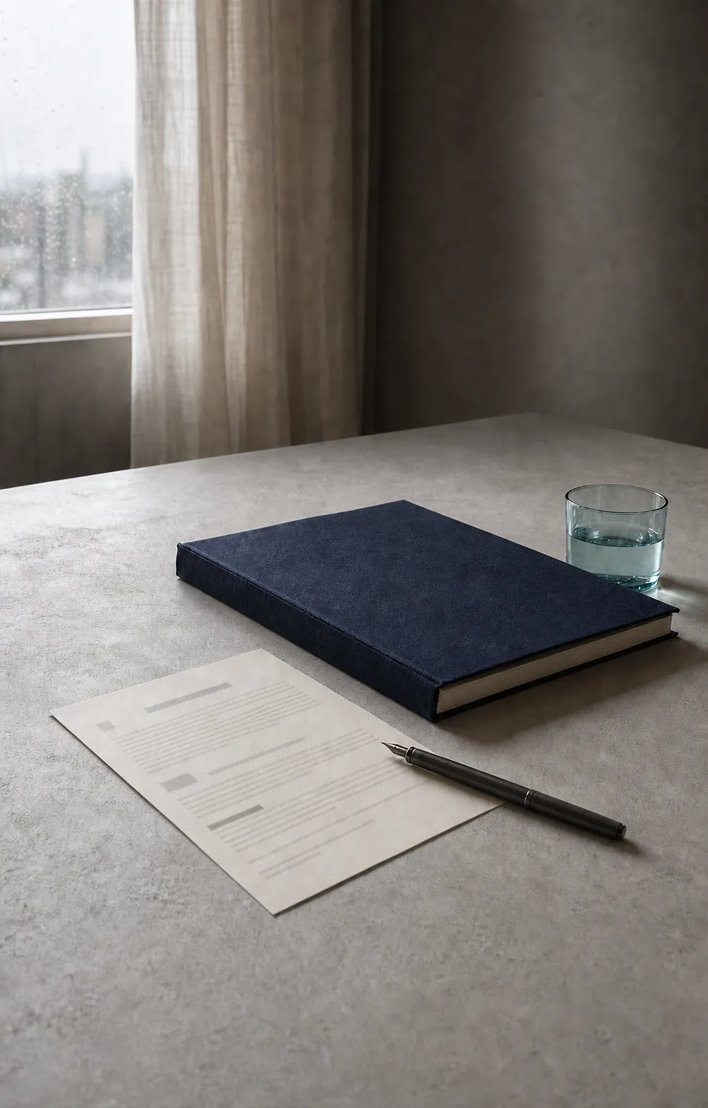 A navy legal file, blank paper, fountain pen and glass of water on a consultation table