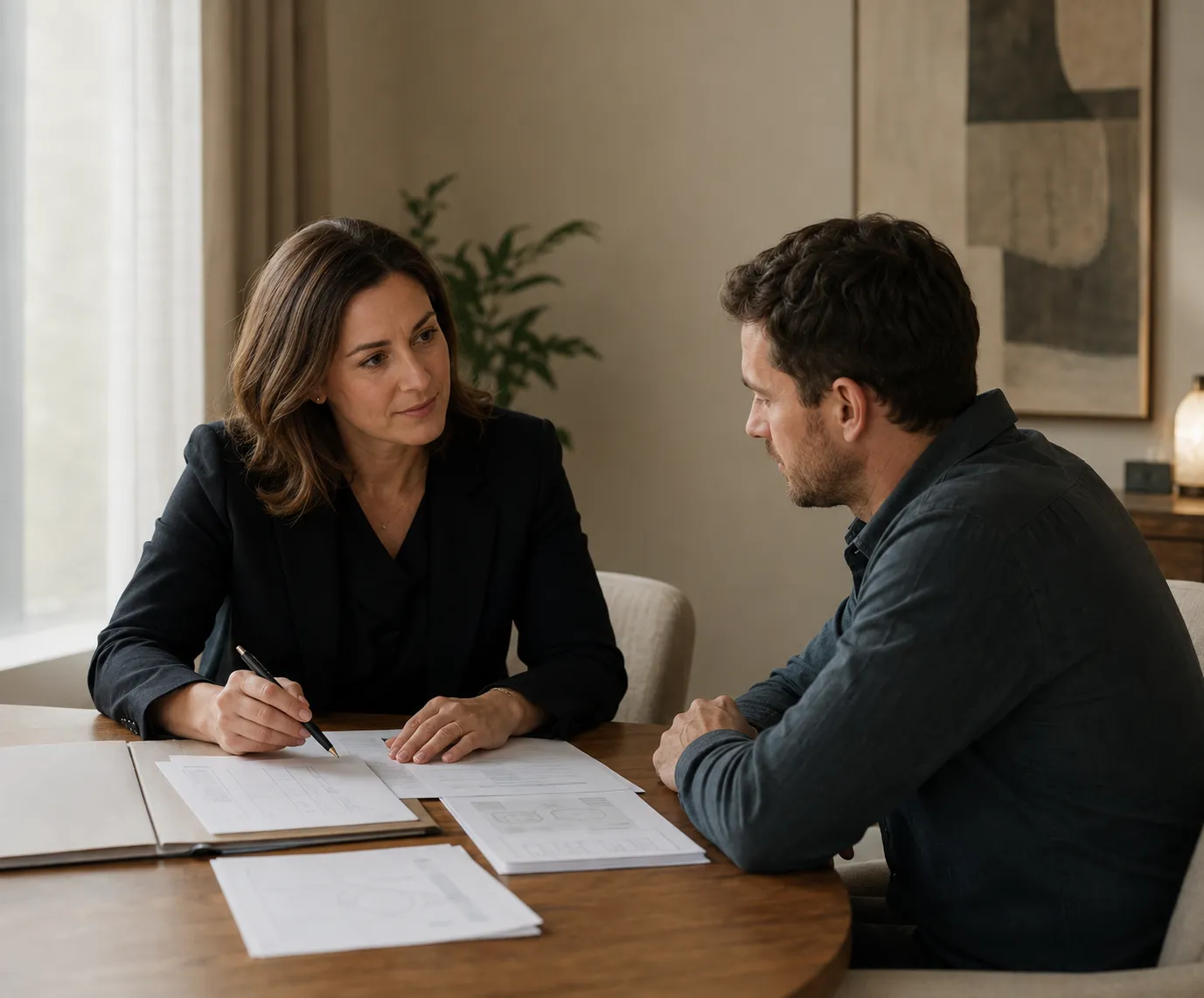 Female criminal-defence lawyer reviewing bail preparation papers with a client