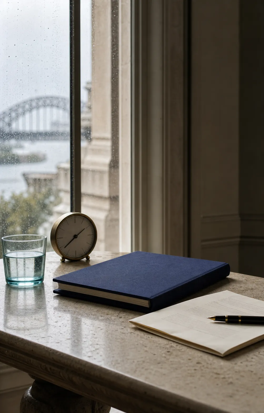 A clock, navy legal file and glass of water on a stone table by a rain-lit window