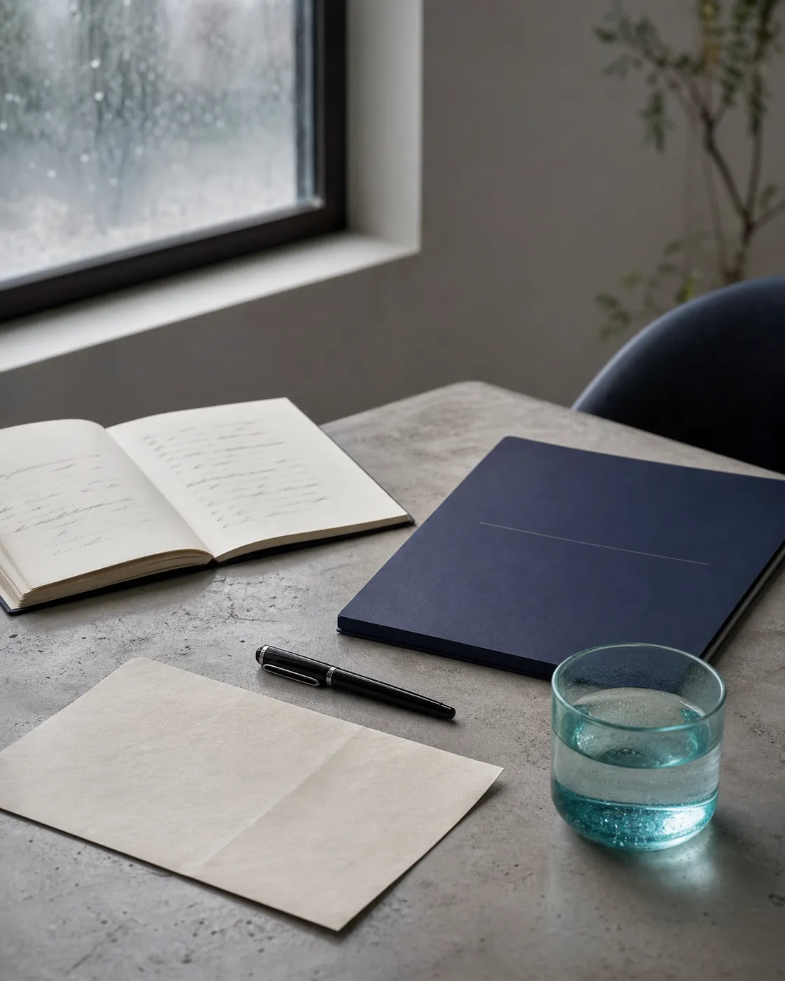 A notebook, navy legal file and glass of water on a rain-lit consultation table