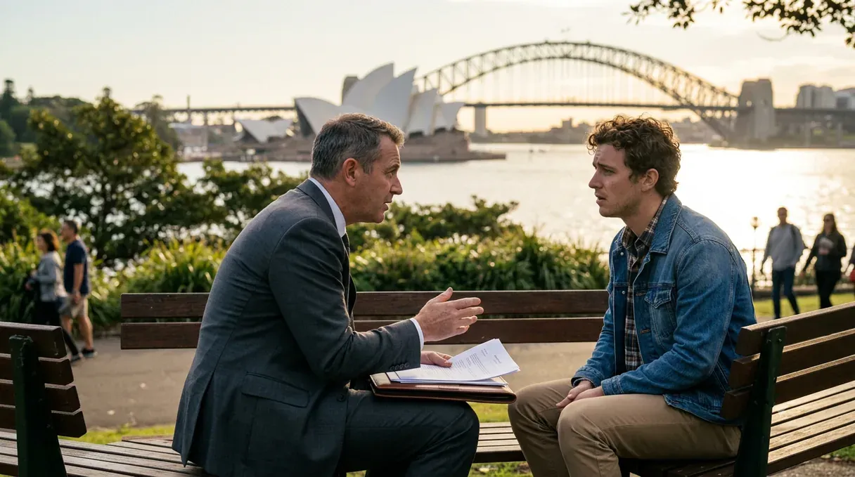 Lawyer discussing documents with a client beside Sydney Harbour