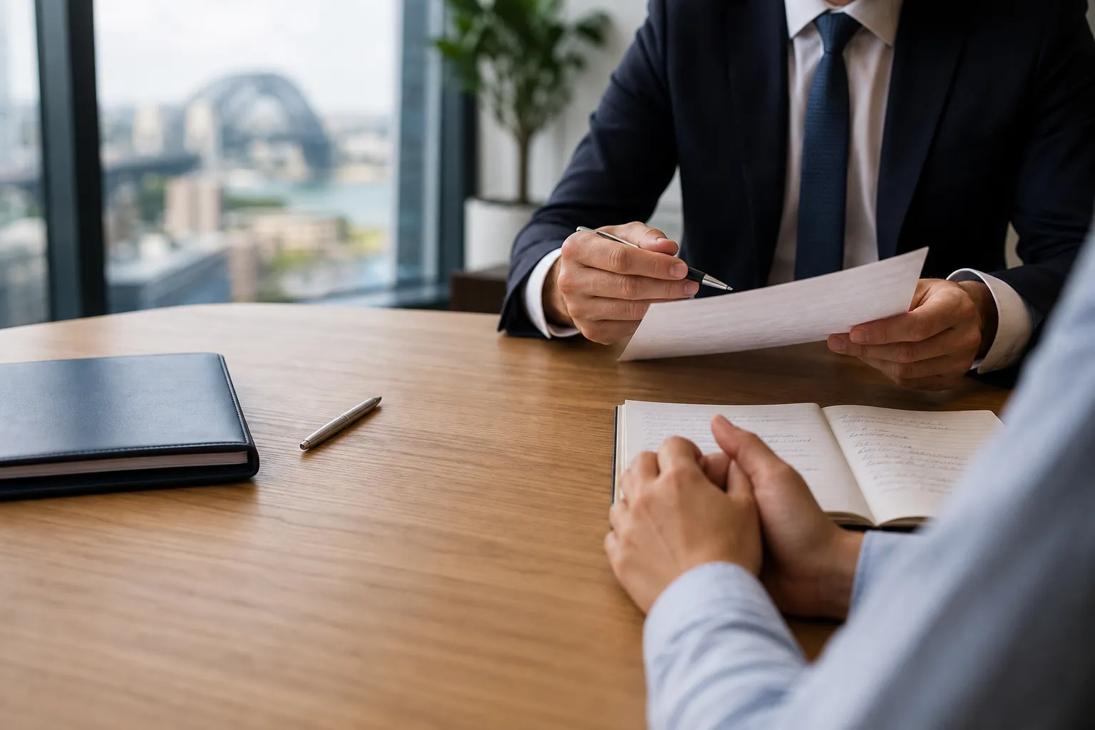 A solicitor reviewing documents with a client during a legal consultation