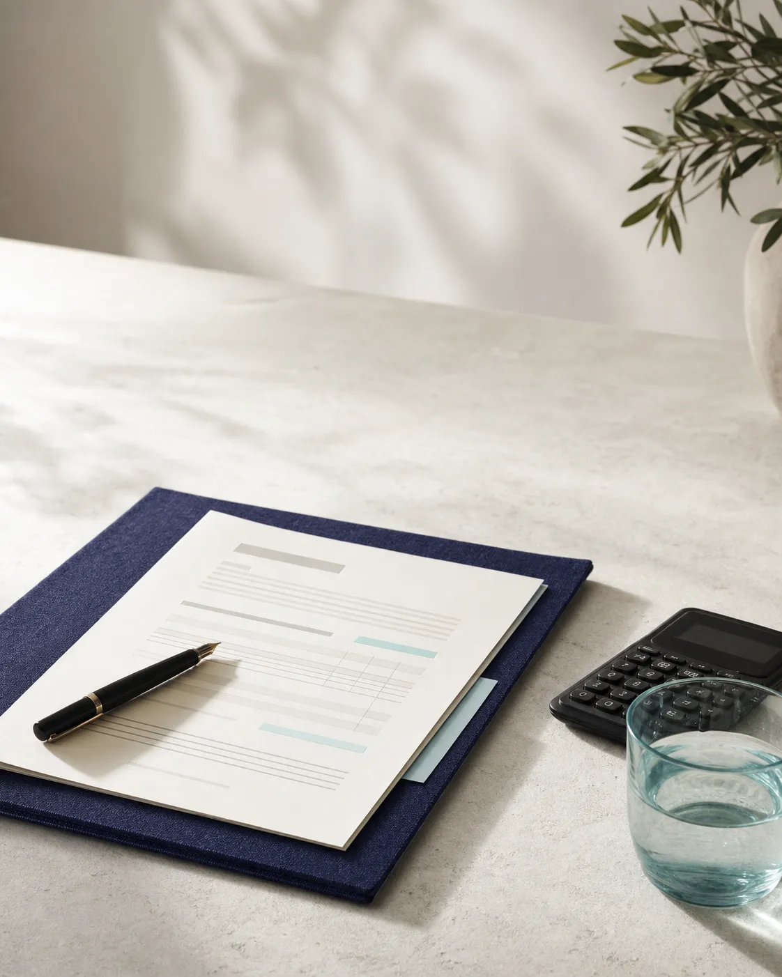 A clear scope document, calculator and navy legal folder on a consultation table