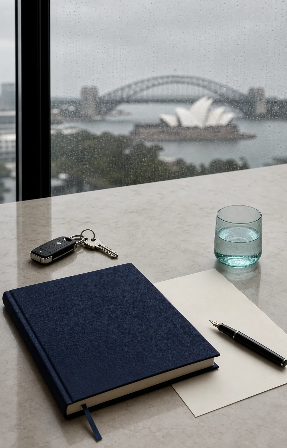 Car keys, a navy legal file and a glass of water on a rain-lit consultation table