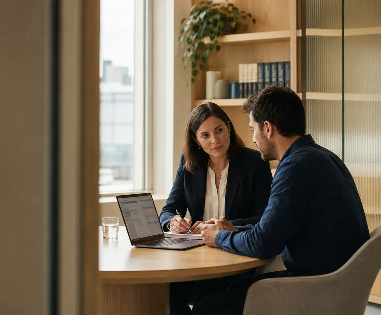 Lawyer reviewing case documents with a client at a consultation table
