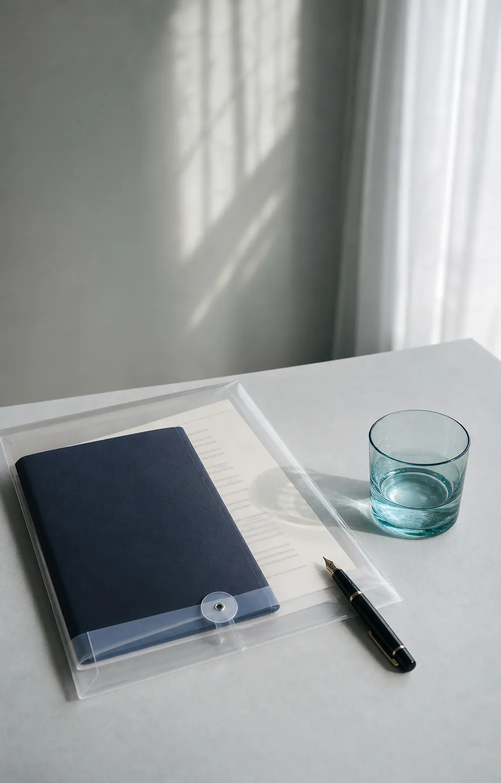 A navy legal file in a clear document sleeve on a quiet consultation table