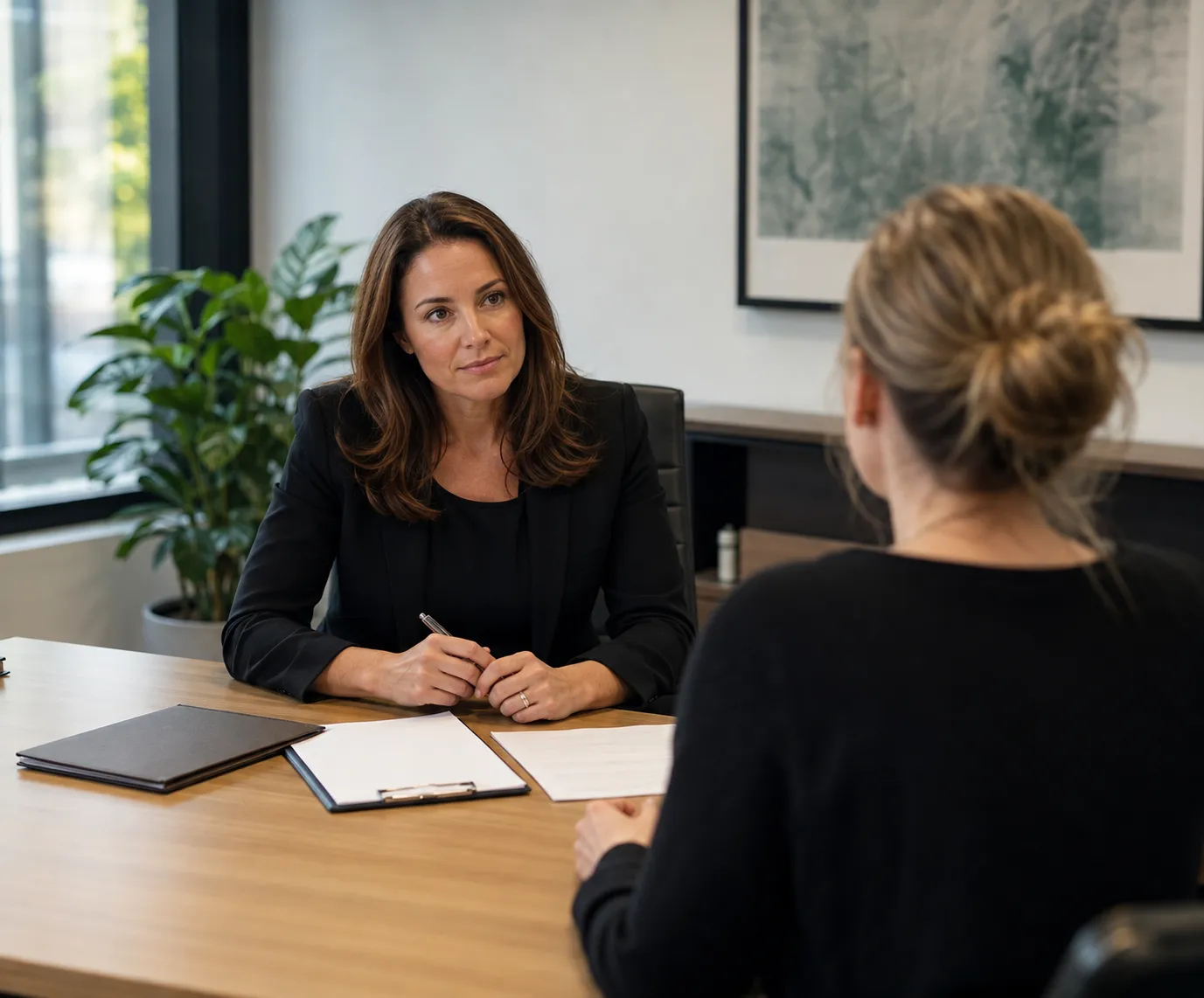 Female lawyer reviewing first court appearance preparation documents with a client