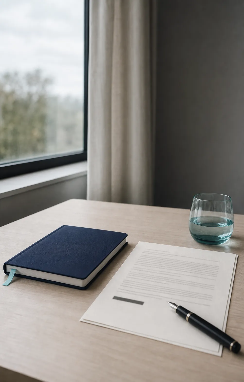 A navy notebook, prepared document and glass of water on a quiet consultation table