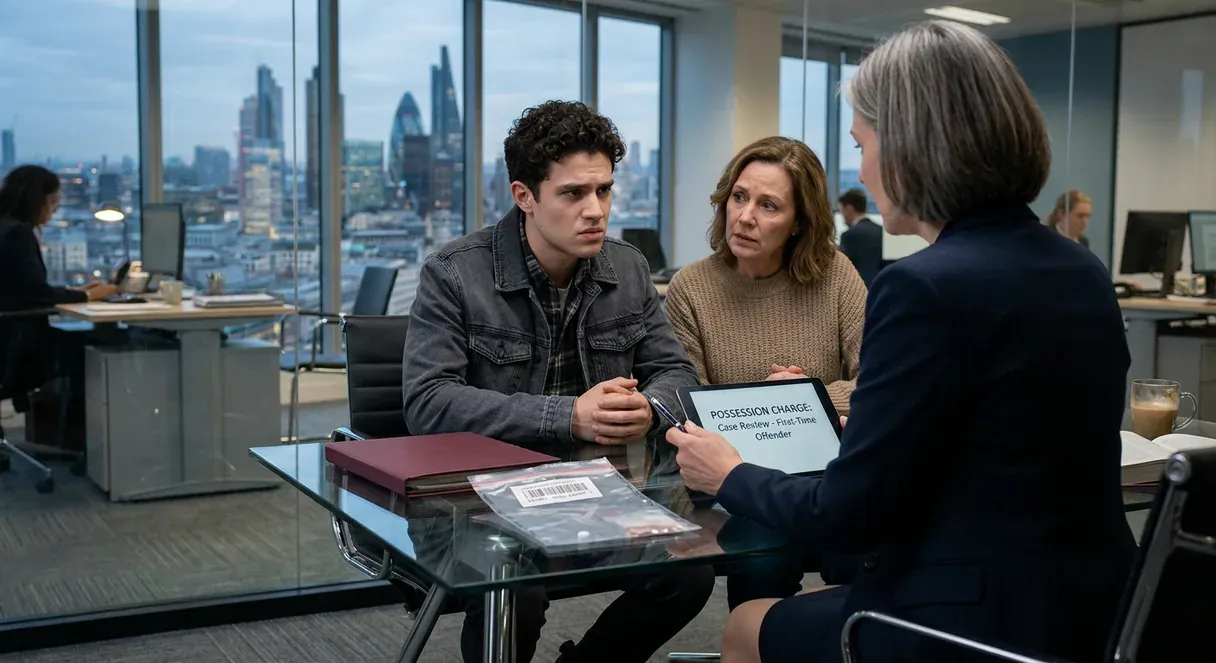 Lawyer reviewing a document with a client and a family member