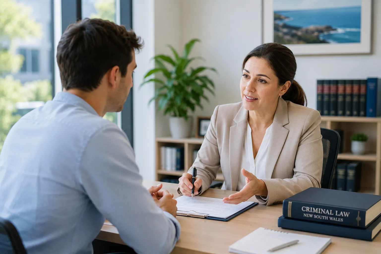 Female lawyer consulting with a client over case documents in an office