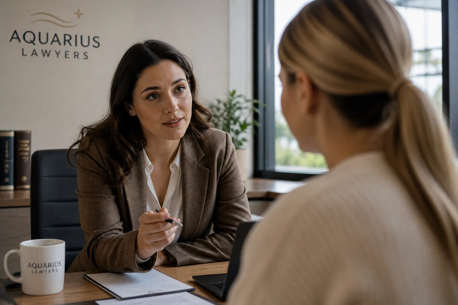 Female lawyer consulting with a client over charge papers in an office