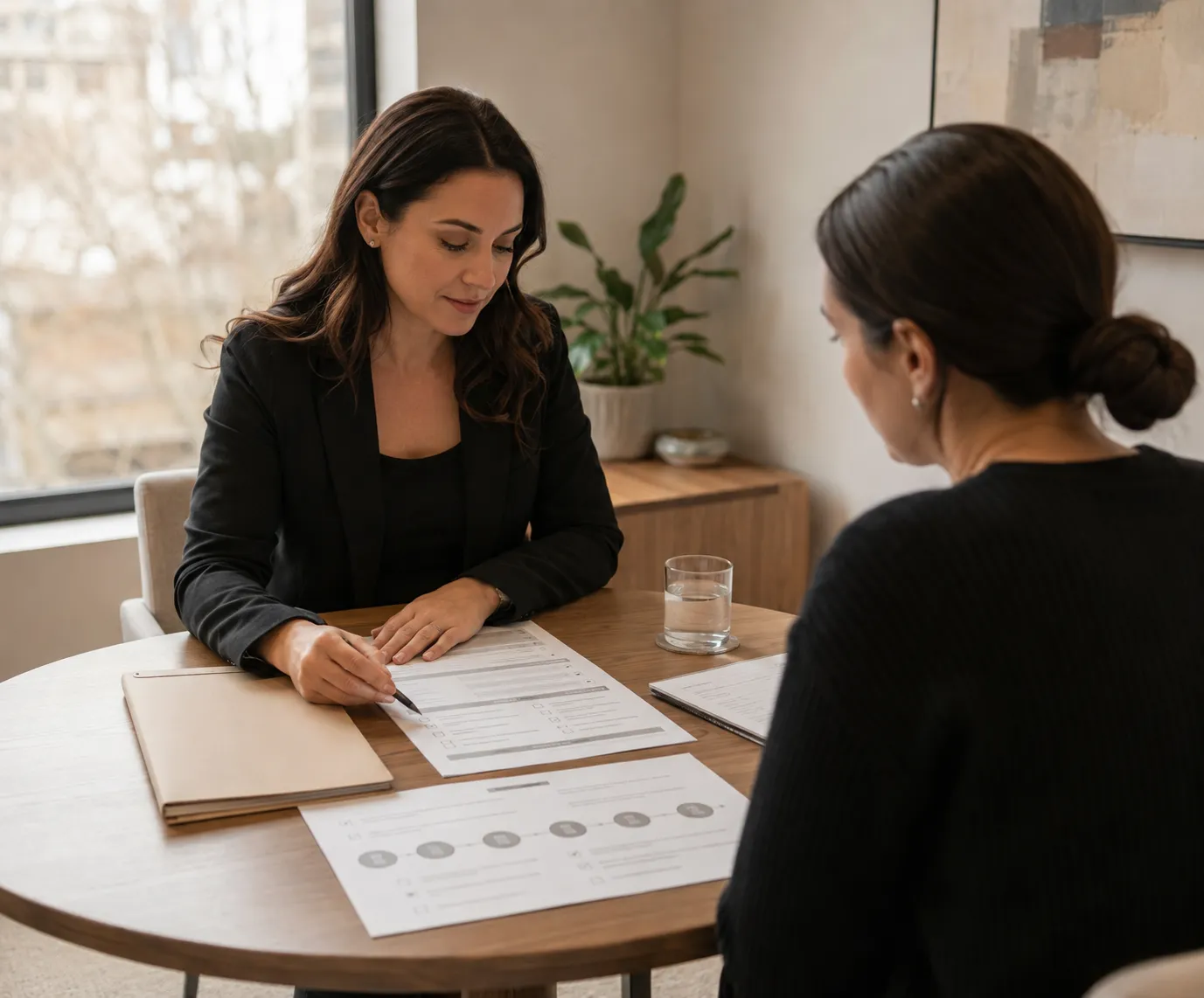 Solicitor reviewing documents with a client during a legal consultation