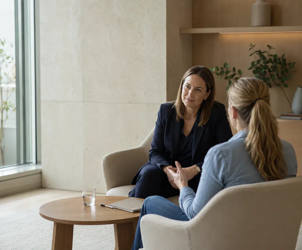 Lawyer speaking with a client during a private consultation